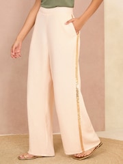 Love & Roses Stone Cream Lightweight Side Trim Wide Leg Trousers - Image 1 of 4