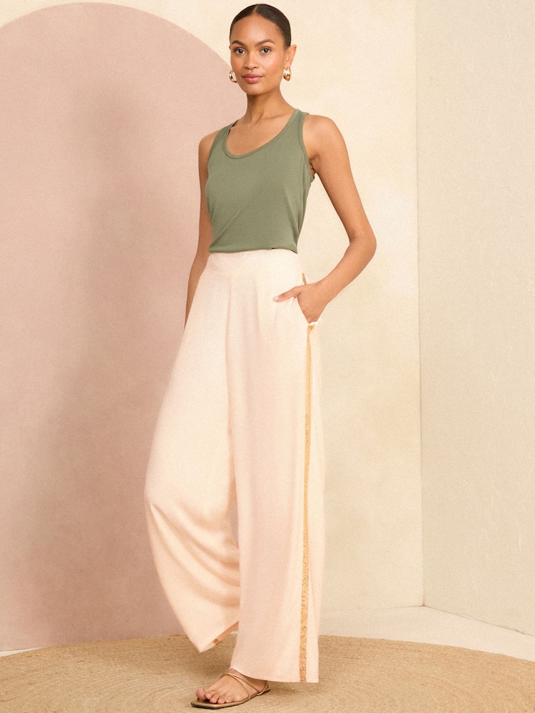 Love & Roses Stone Cream Lightweight Side Trim Wide Leg Trousers - Image 2 of 4