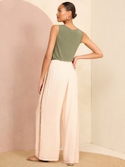 Love & Roses Stone Cream Lightweight Side Trim Wide Leg Trousers - Image 3 of 4