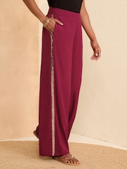 Love & Roses Burgundy Red Lightweight Side Trim Wide Leg Trousers - Image 1 of 4