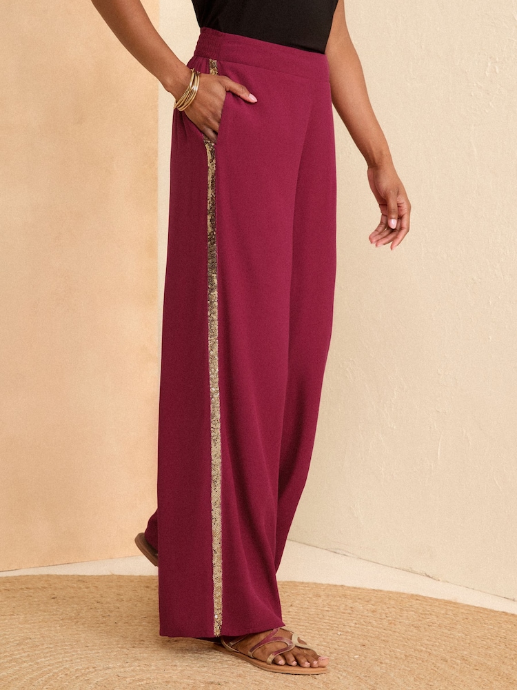 Love & Roses Burgundy Red Lightweight Side Trim Wide Leg Trousers - Image 1 of 4
