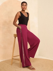 Love & Roses Burgundy Red Lightweight Side Trim Wide Leg Trousers - Image 2 of 4