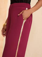 Love & Roses Burgundy Red Lightweight Side Trim Wide Leg Trousers - Image 3 of 4