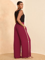Love & Roses Burgundy Red Lightweight Side Trim Wide Leg Trousers - Image 4 of 4