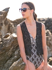 FatFace Ava Black Mono Geo Swimsuit - Image 1 of 10