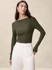 Banana Republic Green Ribbed Scoop-Back Long Sleeve Top - Image 1 of 1