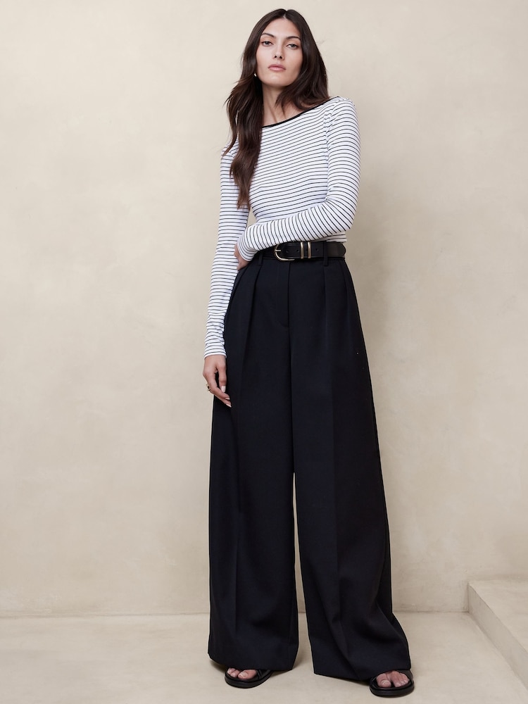 Banana Republic Black/White Ribbed Scoop-Back Long Sleeve Top - Image 1 of 1