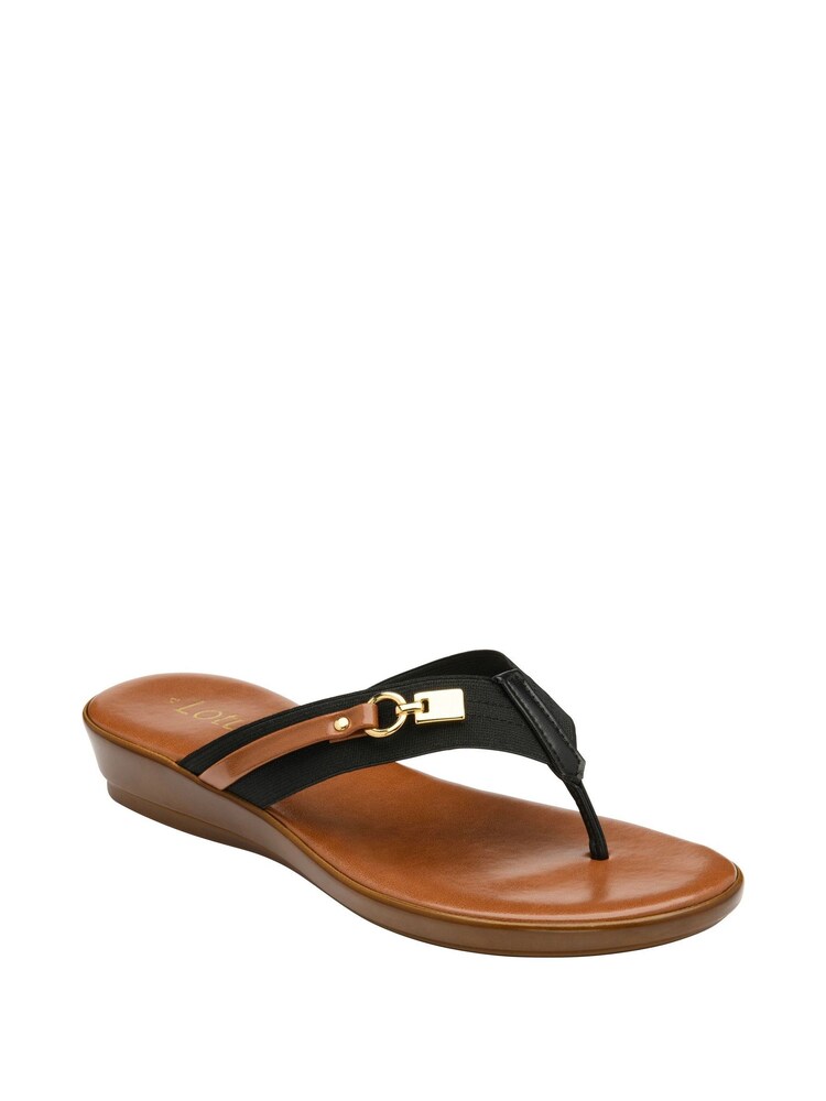 Lotus Black Low Wedge Toe Thong Sandals - Image 1 of 4