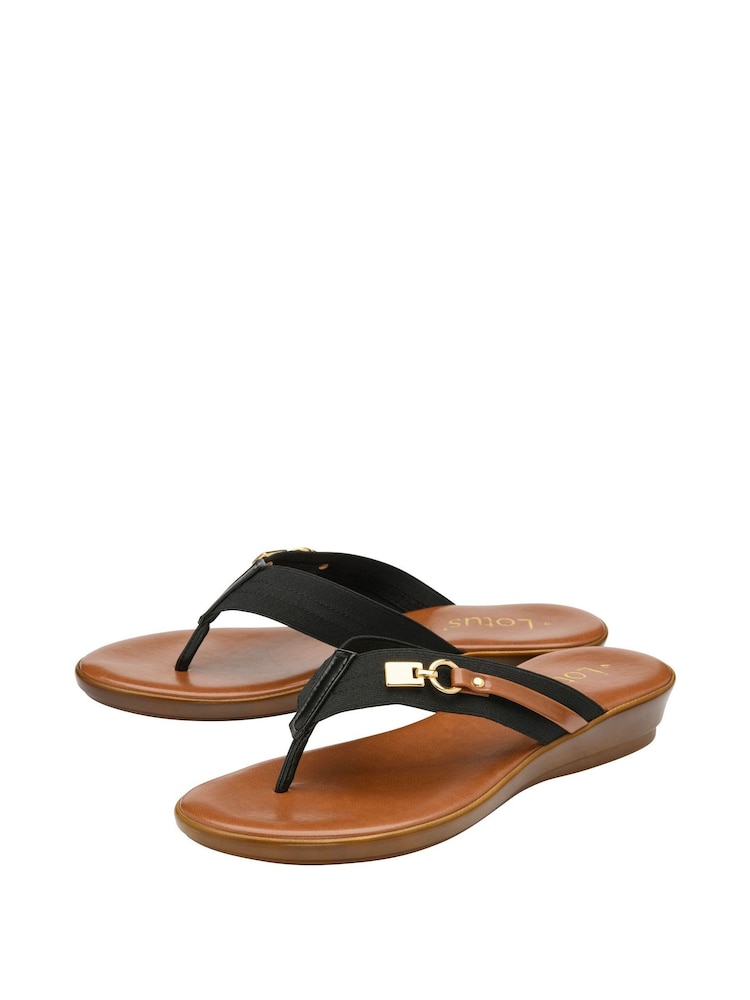 Lotus Black Low Wedge Toe Thong Sandals - Image 2 of 4
