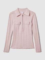 Reiss Nude Clemmie Ribbed Half-Zip Fitted Top - Image 2 of 5