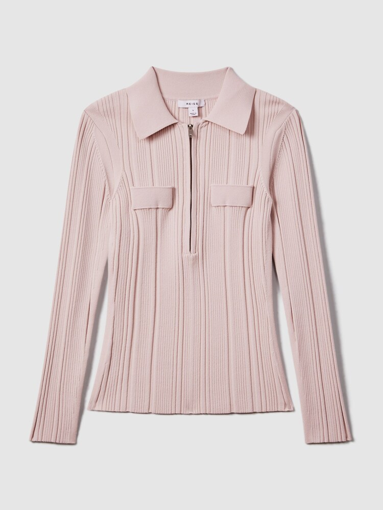 Reiss Nude Clemmie Ribbed Half-Zip Fitted Top - Image 2 of 5 Reiss Nude Clemmie Ribbed Half-Zip Fitted Top - Image 2 of 5
