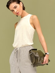 Ecru White 100% Linen Lightweight Round Neck Vest - Image 1 of 6