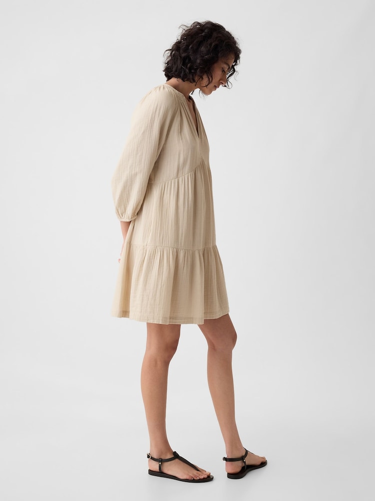 Gap Beige Crinkle Cotton 3/4 Sleeve Tiered Mini Dress - Image 1 of 1 Gap Beige Crinkle Cotton 3/4 Sleeve Tiered Mini Dress - Image 1 of 1