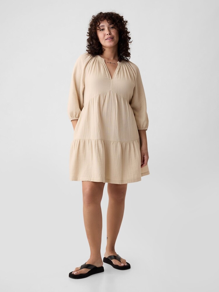 Gap Beige Crinkle Cotton 3/4 Sleeve Tiered Mini Dress - Image 2 of 5