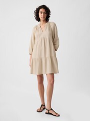 Gap Beige Crinkle Cotton 3/4 Sleeve Tiered Mini Dress - Image 5 of 5