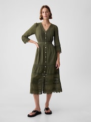 Gap Green Crinkle Cotton Lace 3/4 Sleeve Midi Dress - Image 1 of 5