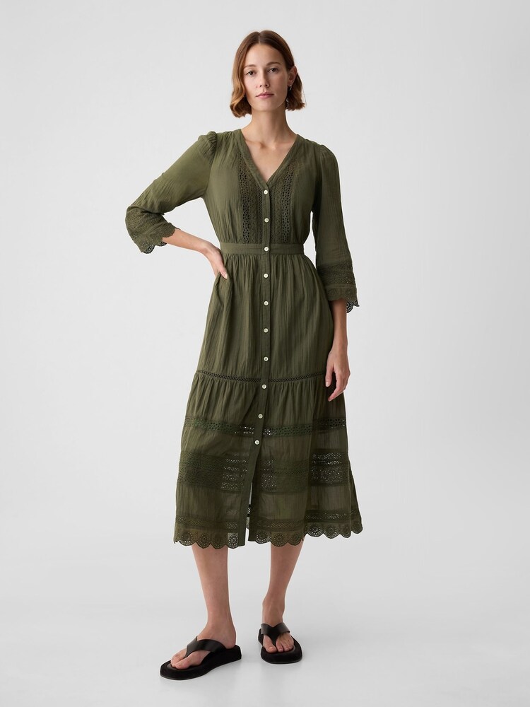 Gap Green Crinkle Cotton Lace 3/4 Sleeve Midi Dress - Image 1 of 5