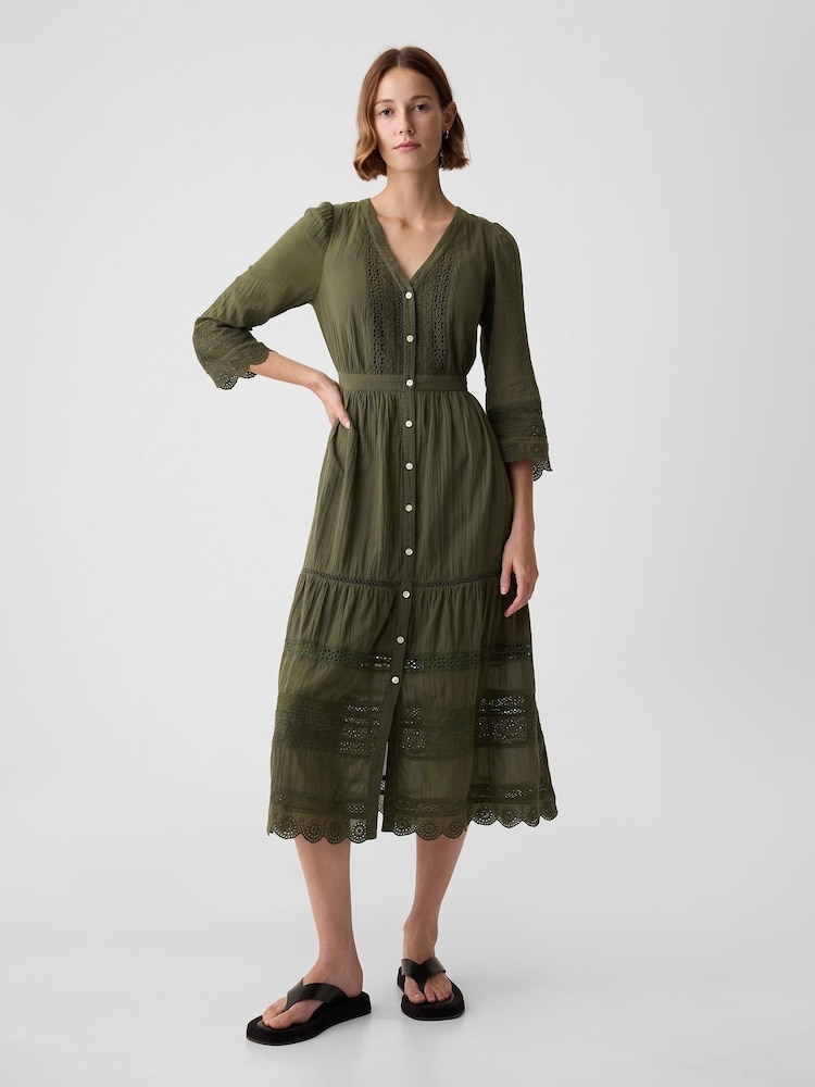 Gap Green Crinkle Cotton Lace 3/4 Sleeve Midi Dress - Image 1 of 5 Gap Green Crinkle Cotton Lace 3/4 Sleeve Midi Dress - Image 1 of 5