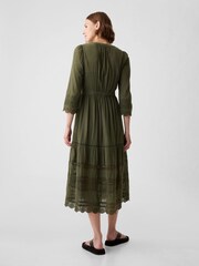 Gap Green Crinkle Cotton Lace 3/4 Sleeve Midi Dress - Image 2 of 5