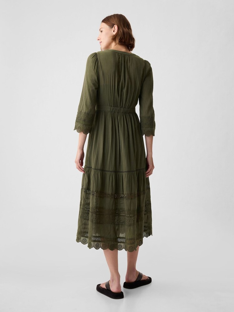 Gap Green Crinkle Cotton Lace 3/4 Sleeve Midi Dress - Image 2 of 5