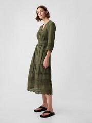 Gap Green Crinkle Cotton Lace 3/4 Sleeve Midi Dress - Image 3 of 5
