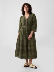 Gap Green Crinkle Cotton Lace 3/4 Sleeve Midi Dress - Image 4 of 5