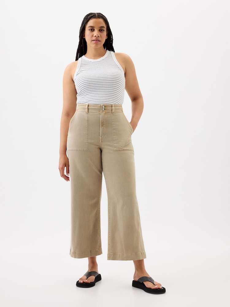 Gap Beige High Waist Wide Leg Cropped Jeans - Image 1 of 7