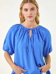 Roman Blue Tie Front Raglan Sleeve Blouse - Image 1 of 5