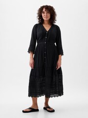 Gap Black Crinkle Cotton Lace 3/4 Sleeve Midi Dress - Image 1 of 5
