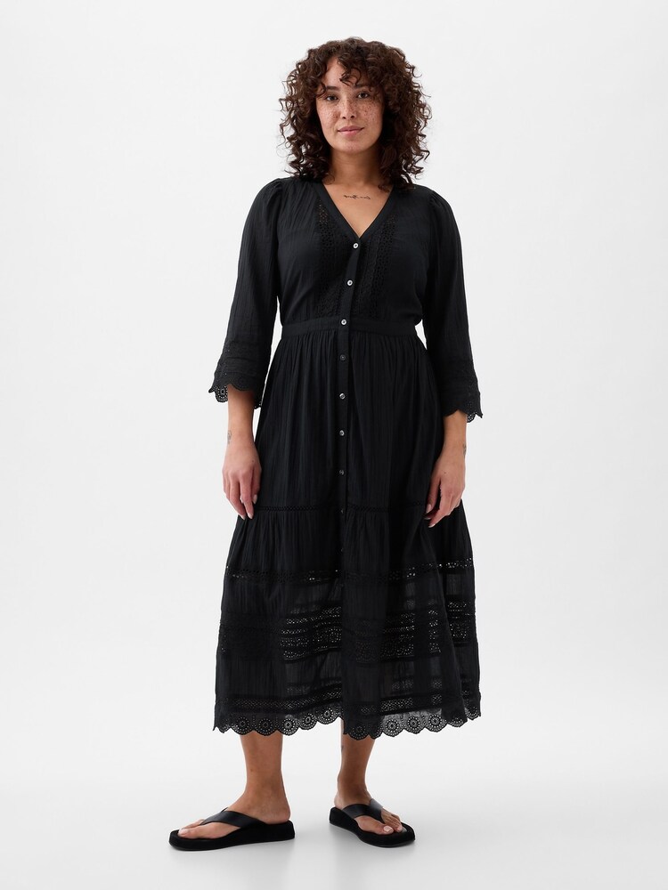Gap Black Crinkle Cotton Lace 3/4 Sleeve Midi Dress - Image 1 of 5