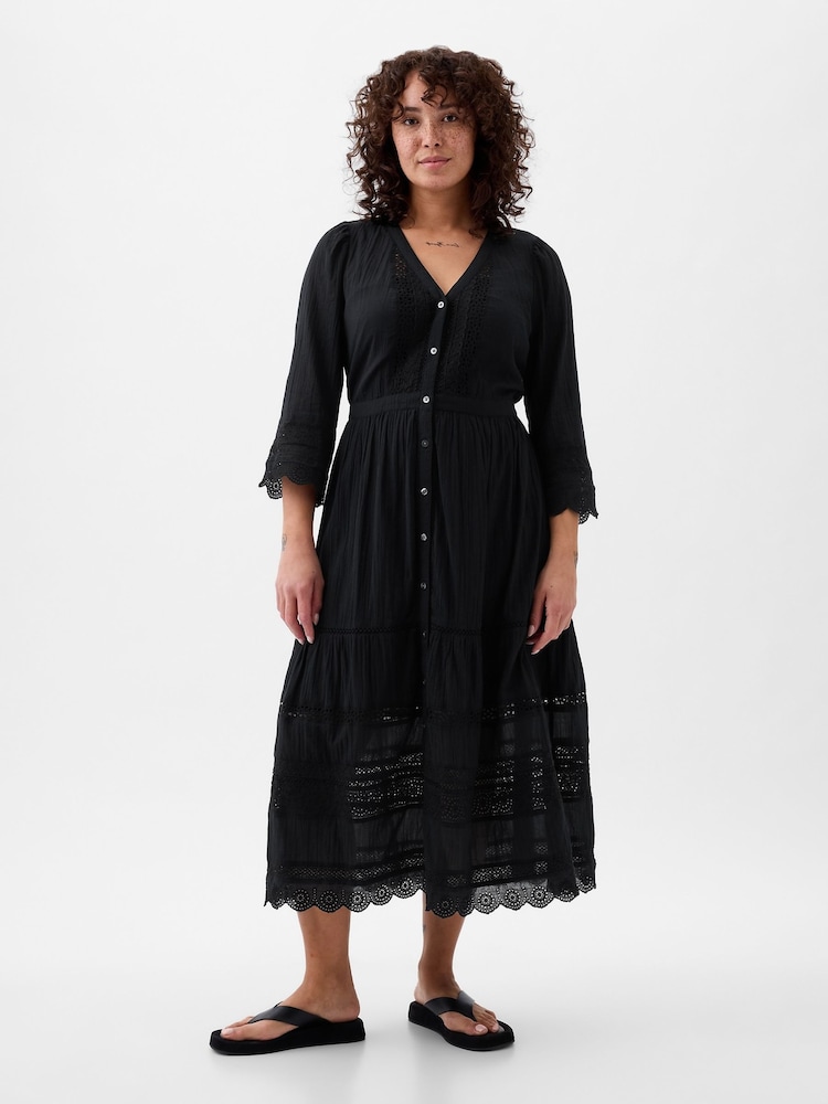 Gap Black Crinkle Cotton Lace 3/4 Sleeve Midi Dress - Image 1 of 5 Gap Black Crinkle Cotton Lace 3/4 Sleeve Midi Dress - Image 1 of 5
