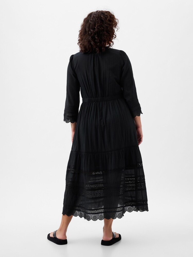 Gap Black Crinkle Cotton Lace 3/4 Sleeve Midi Dress - Image 2 of 5