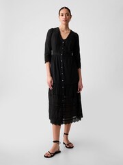Gap Black Crinkle Cotton Lace 3/4 Sleeve Midi Dress - Image 3 of 5