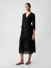 Gap Black Crinkle Cotton Lace 3/4 Sleeve Midi Dress - Image 4 of 5