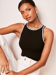 Lipsy Black Tipped Rib Racer Vest Top - Image 1 of 4
