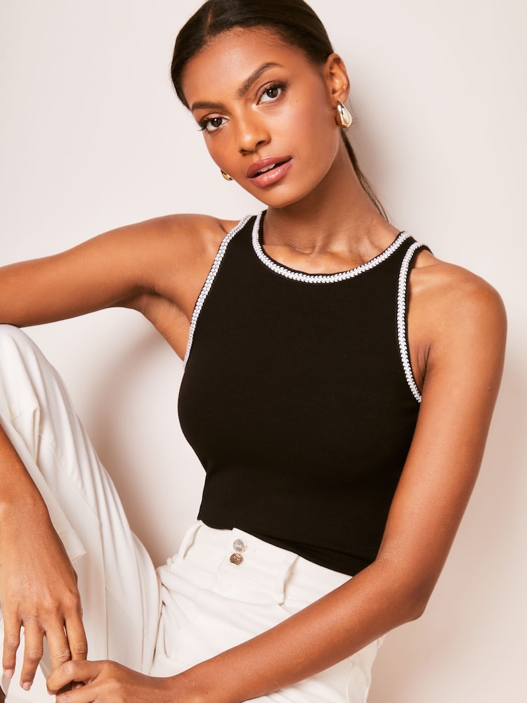 Lipsy Black Tipped Rib Racer Vest Top - Image 1 of 4