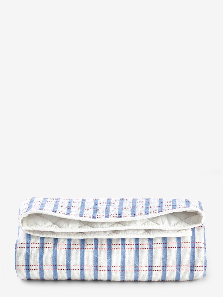White/Blue Woven Check 100% Cotton Quilted Throw - Image 2 of 3