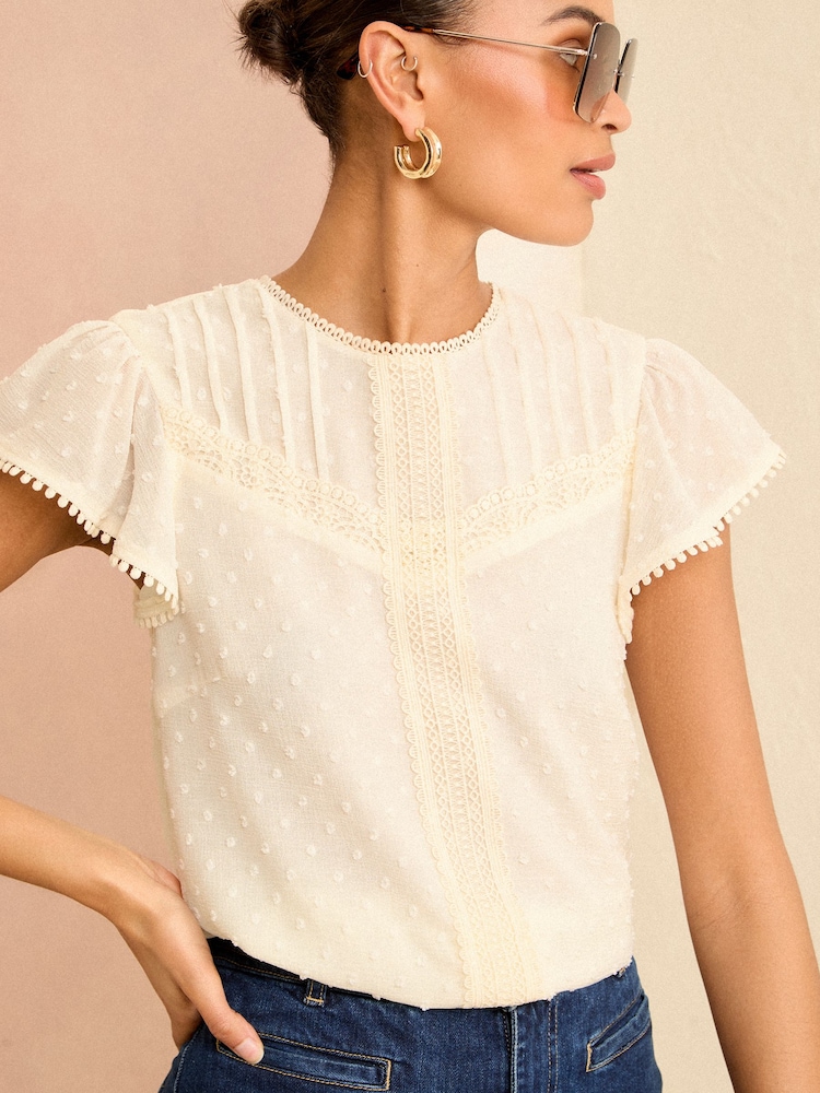 Love & Roses Ivory Dobby Flutter Sleeve Shell Top - Image 1 of 4