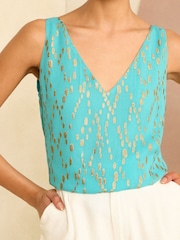Love & Roses Navy Blue Metallic V Neck V Back Woven Vest - Image 3 of 4