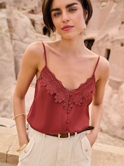 Love & Roses Brown Lace Trim V Neck Cami Vest Top - Image 1 of 4