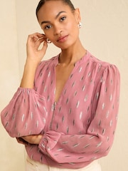 Love & Roses Pink Metallic Zip Front Mix Sheer Long Sleeve Blouse - Image 1 of 4