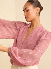 Love & Roses Pink Metallic Zip Front Mix Sheer Long Sleeve Blouse - Image 2 of 4