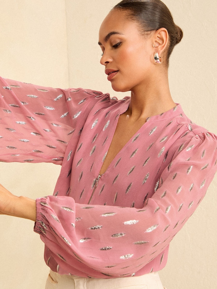 Love & Roses Pink Metallic Zip Front Mix Sheer Long Sleeve Blouse - Image 2 of 4