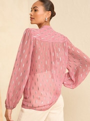 Love & Roses Pink Metallic Zip Front Mix Sheer Long Sleeve Blouse - Image 3 of 4