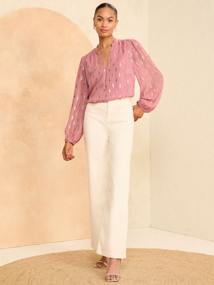 Love & Roses Pink Metallic Zip Front Mix Sheer Long Sleeve Blouse - Image 4 of 4