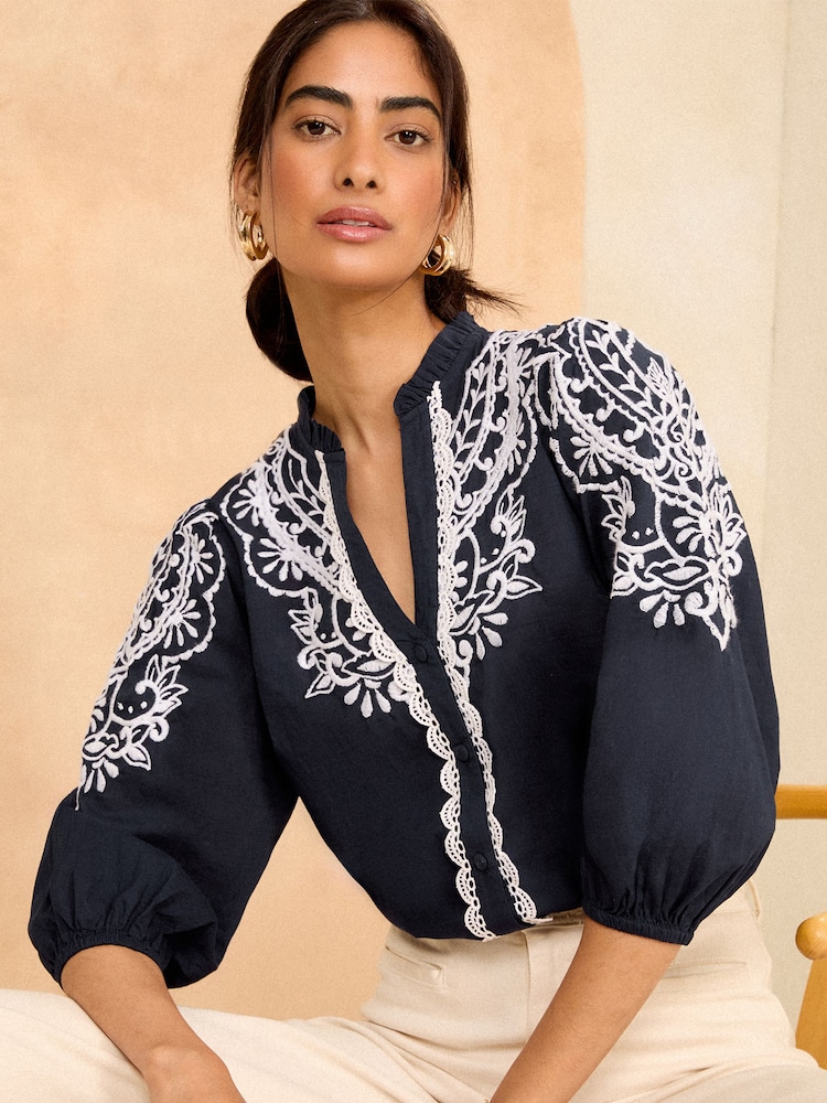 Love & Roses Navy Blue Embroidered V Neck 3/4 Sleeve Blouse - Image 1 of 4