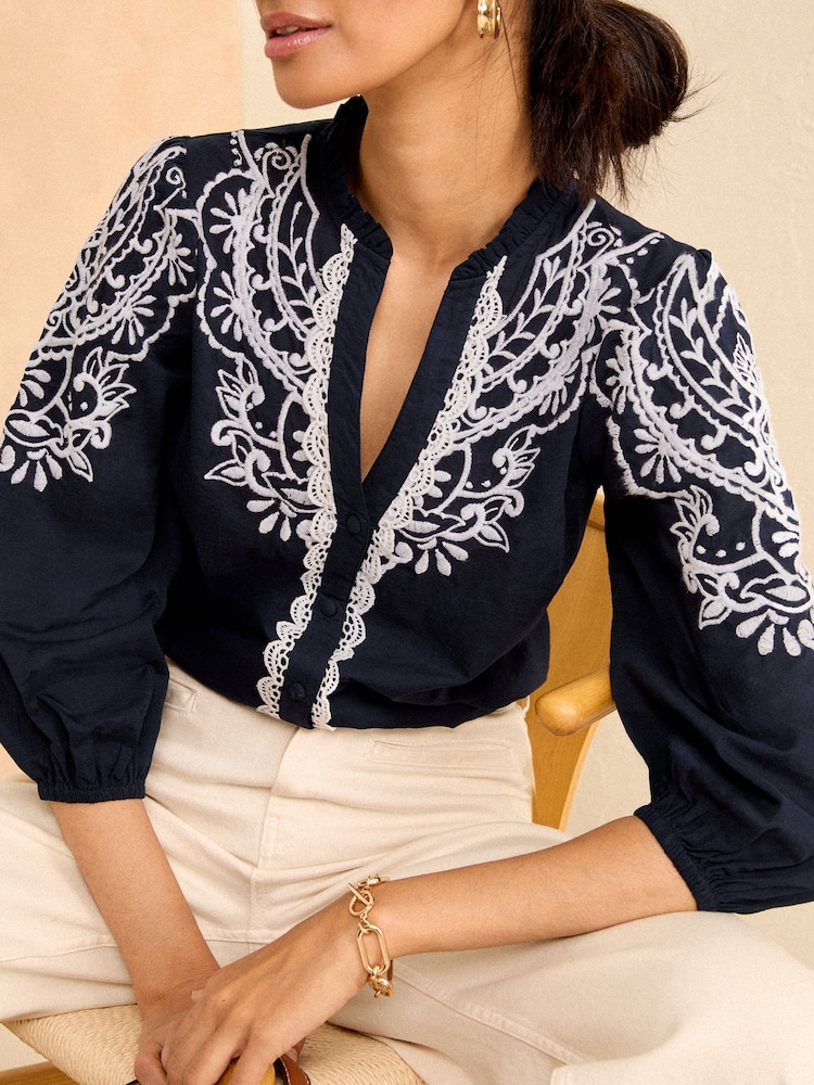Love & Roses Navy Blue Embroidered V Neck 3/4 Sleeve Blouse - Image 2 of 4