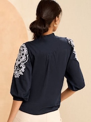 Love & Roses Navy Blue Embroidered V Neck 3/4 Sleeve Blouse - Image 3 of 4