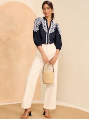 Love & Roses Navy Blue Embroidered V Neck 3/4 Sleeve Blouse - Image 4 of 4
