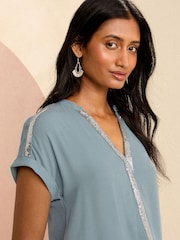 Love & Roses Blue Sequin V Neck Roll Sleeve Blouse - Image 2 of 4
